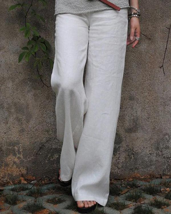 solid linen cotton wide leg mid waist pants