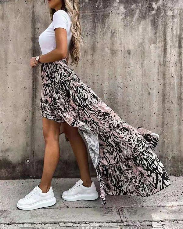 fashion print irregular hem flowy skirt