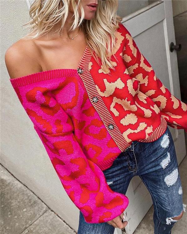 leopard print stitching fashion personality cardigan button knit jacket