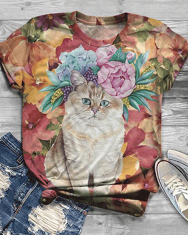 women’s cute cat animal printed short sleeve t-shirt